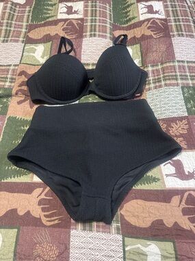 PINK Victoria's Secret Black Textured High-Waist Bikini